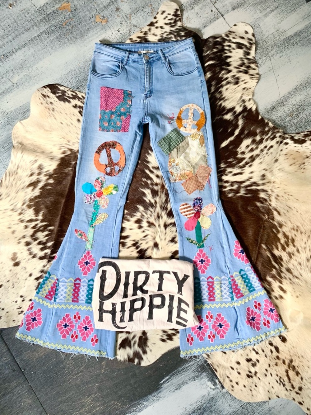 🌵Saints & Hearts Patchwork Hippie Embroidered Bell Bottoms Flare S🌵